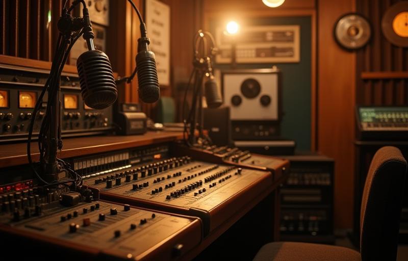 Foto antiga de um estúdio de rádio